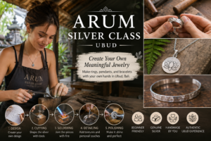 Woman creating handmade rings and bracelets during a Silver Jewelry Class in Ubud Bali at Arum Silver Class Ubud