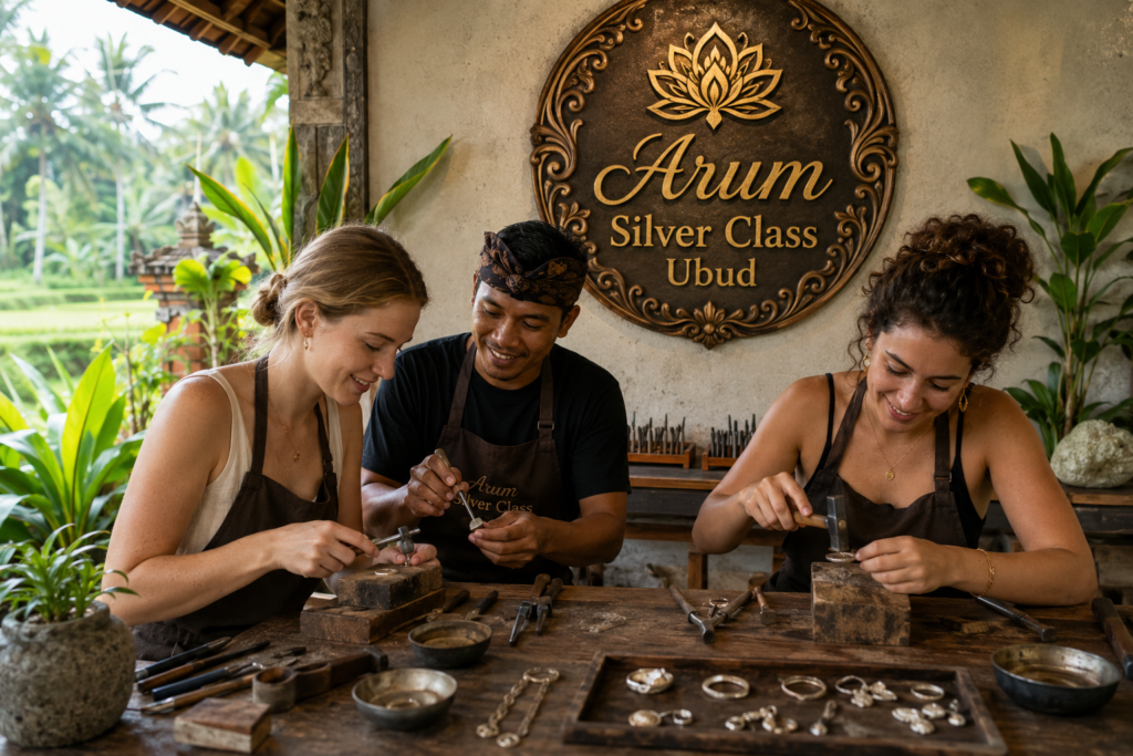 Tourists enjoying a Jewelry Silver Class experience at Arum Silver Class Ubud Bali with local silver artisans