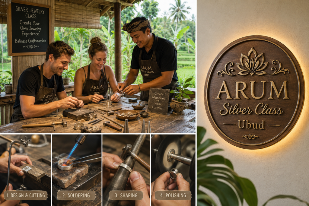 Tourists joining a Silver Jewelry Class in Ubud Bali while making handmade silver rings with local artisans at ARUM Silver Class Ubud